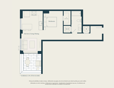 Floor plan for studio, 1 bath, 601 sqft